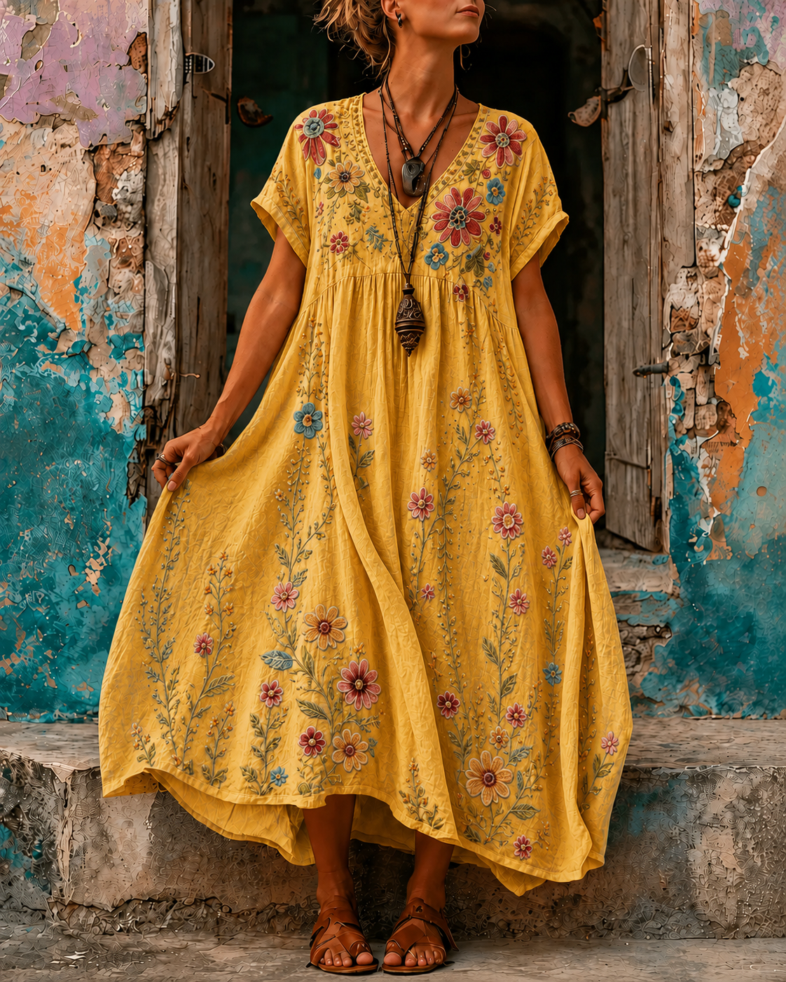 Women's Vacation Linen Boho Floral Embroidery V-Neck Short Sleeve Maxi Dress