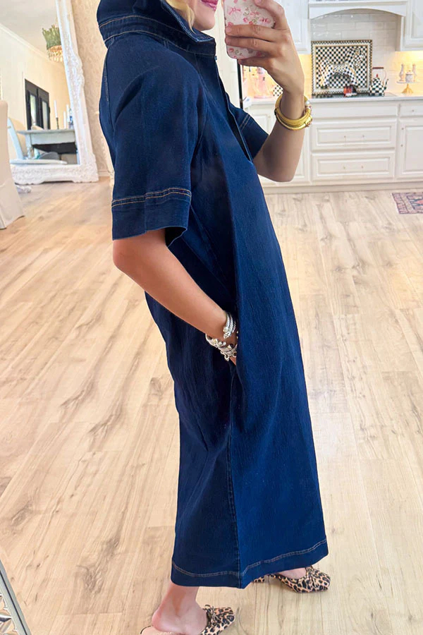 Casual Denim Pocket Midi Dress