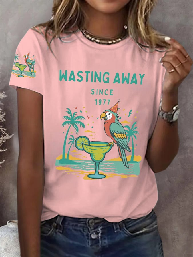 Retro Parrot Margarita Wasting Away Since 1977 Print T-Shirt