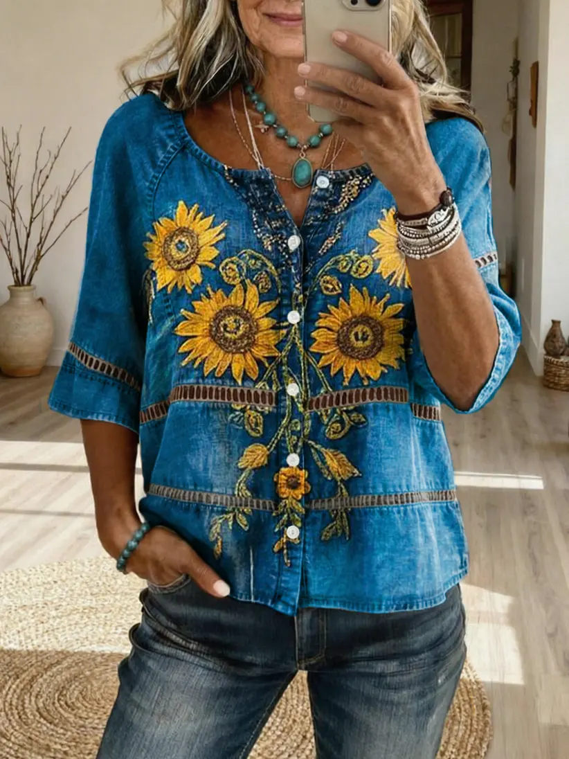 Women's Bohemian Sunflower Art Print Casual Cutout Top