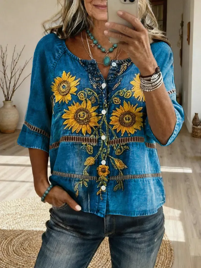 Women's Bohemian Sunflower Art Print Casual Cutout Top