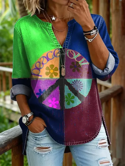 Women's Peace Out Hippie Print Casual V-neck Washed Cotton Denim Shirt