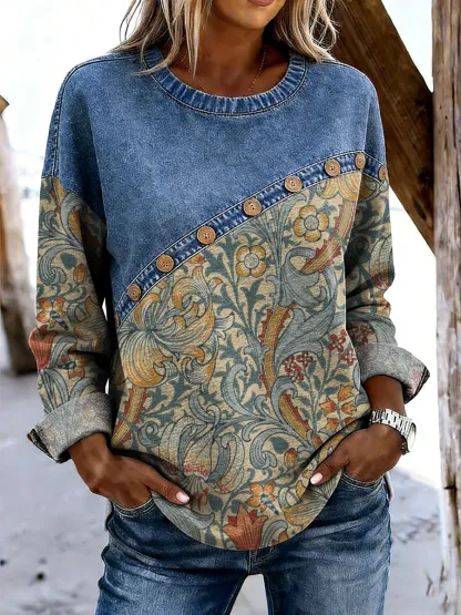 Women's Retro Floral Art Print Casual Long-sleeve Patchwork Shirt