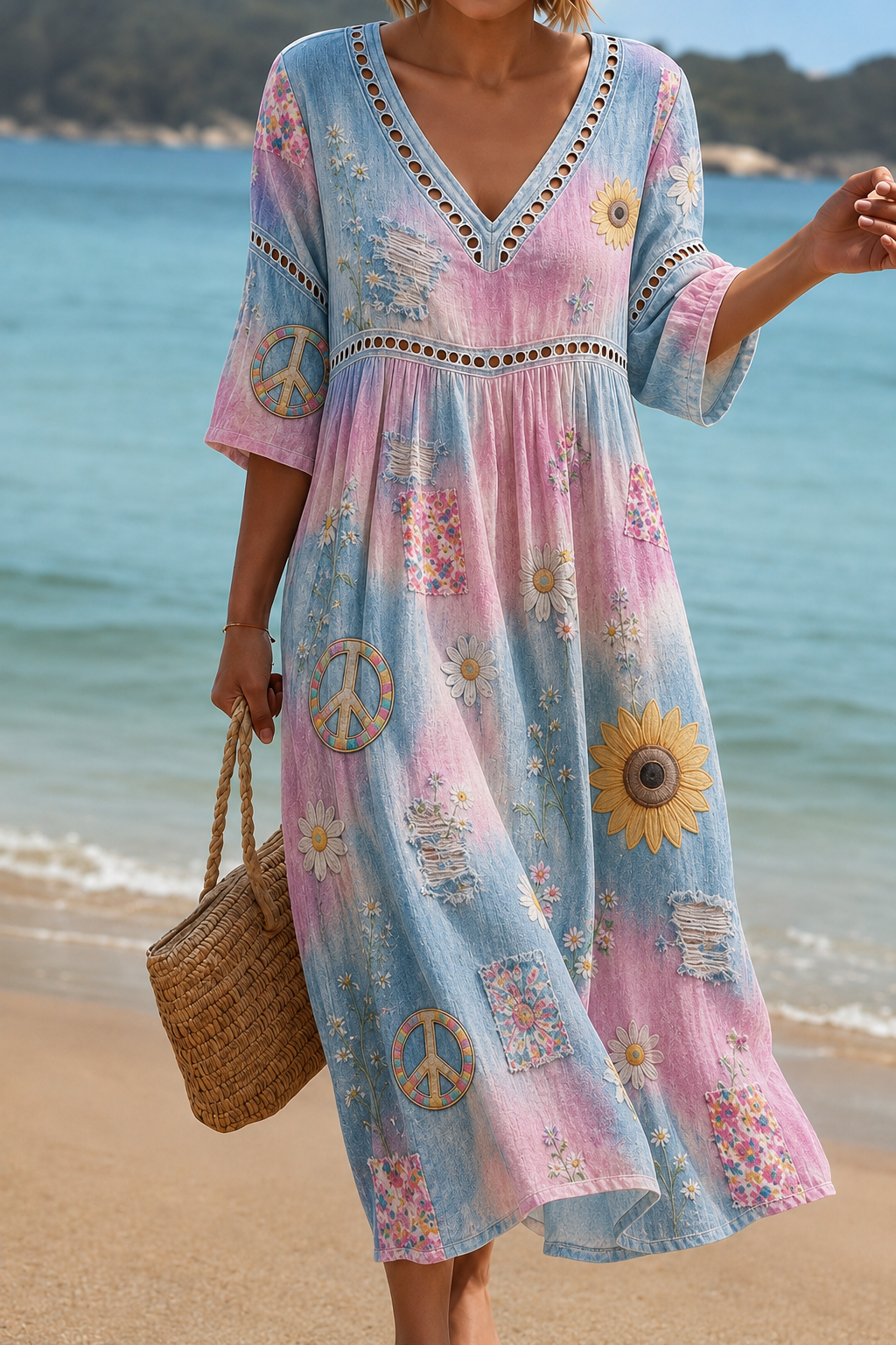 [Copy]Women's Vacation Linen Boho Foral Print V-Neck Short Sleeve Maxi Dress