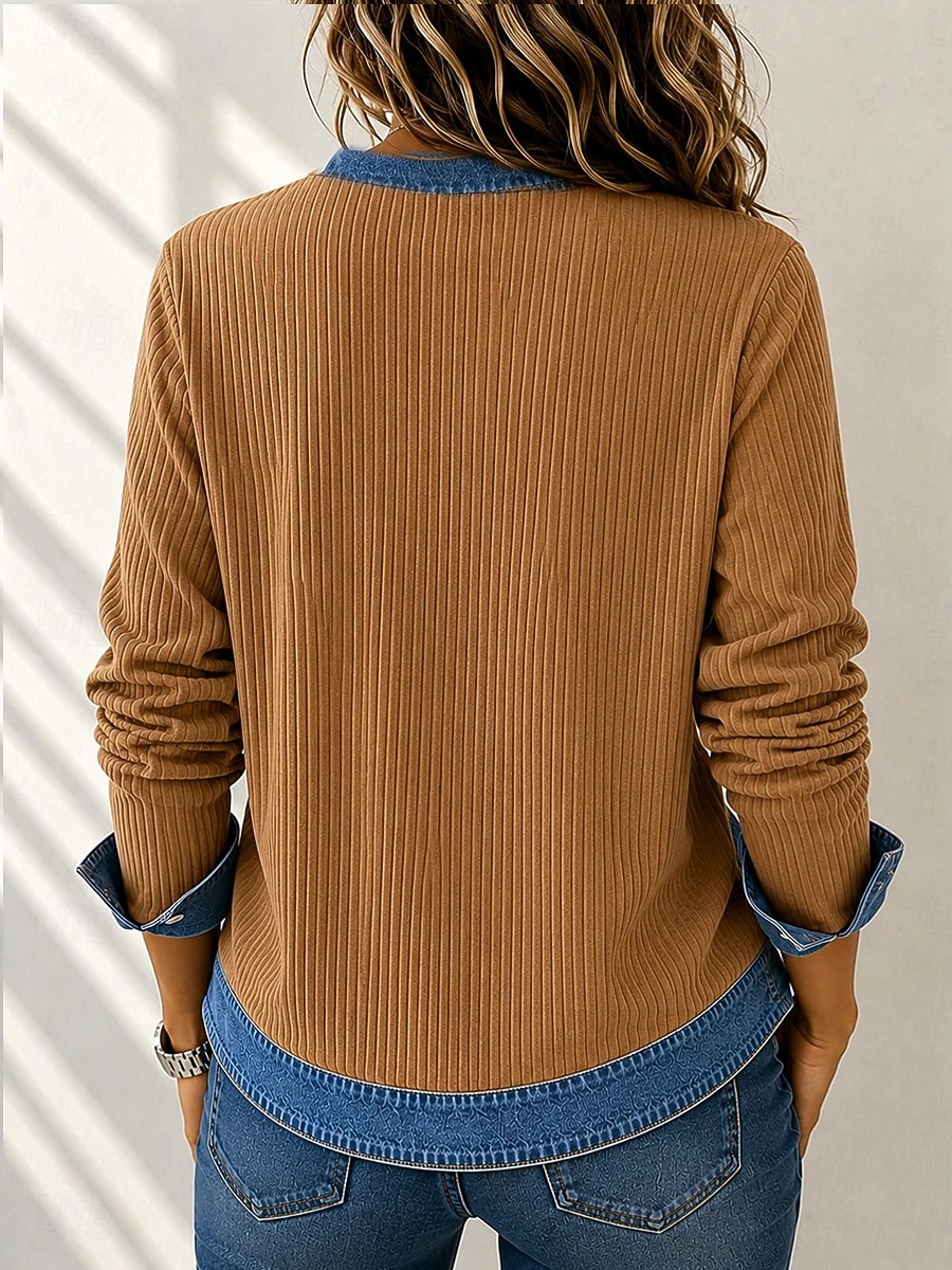 Women's Corduroy Tops Pullover Casual Long Sleeve V Neck Top