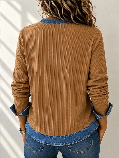 Women's Corduroy Tops Pullover Casual Long Sleeve V Neck Top