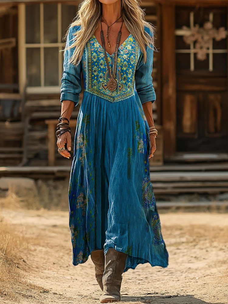 Women's Vintage Ethnic Floral Print Artistic Pocket Cotton Dress