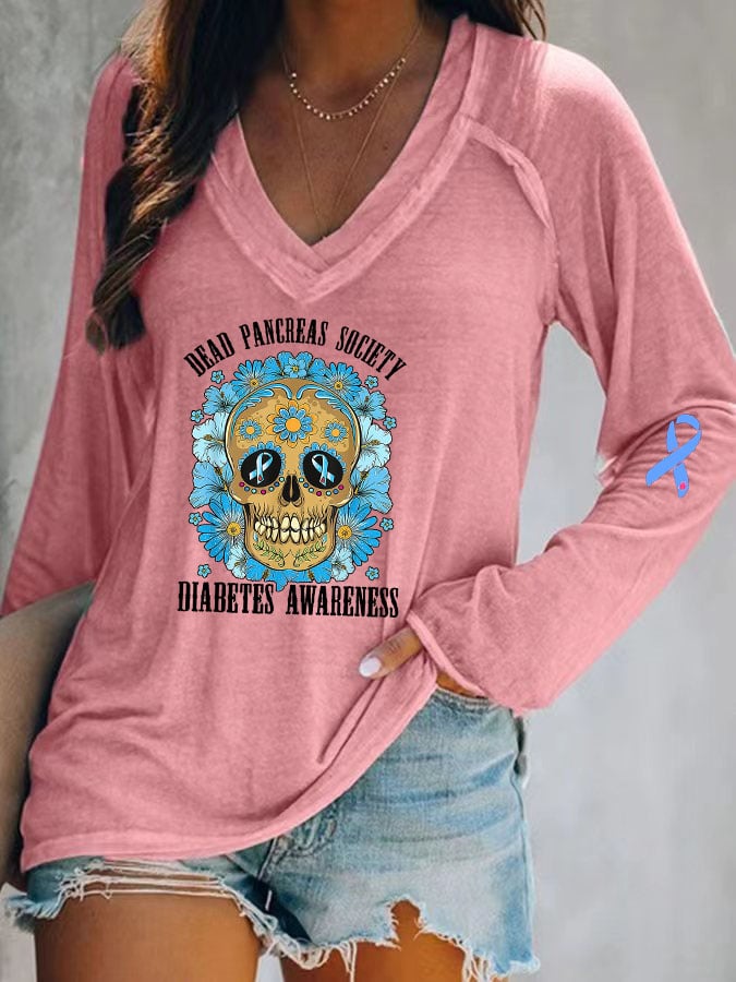 Women's Casual Diabetes Awareness Dead Pancreas Society Print Long Sleeve T-Shirt