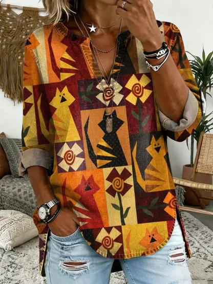 Women's Cat Patchwork Print V-Neck Long-Sleeve Denim Shirt