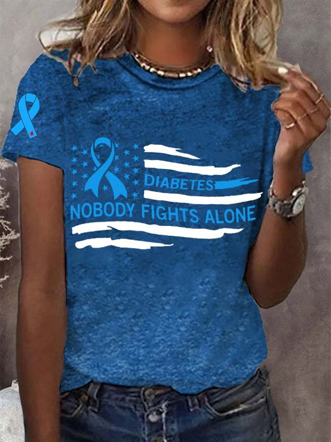 Women's Diabetes Nobody Fights Alone In November We Wear Blue American Flag Tee