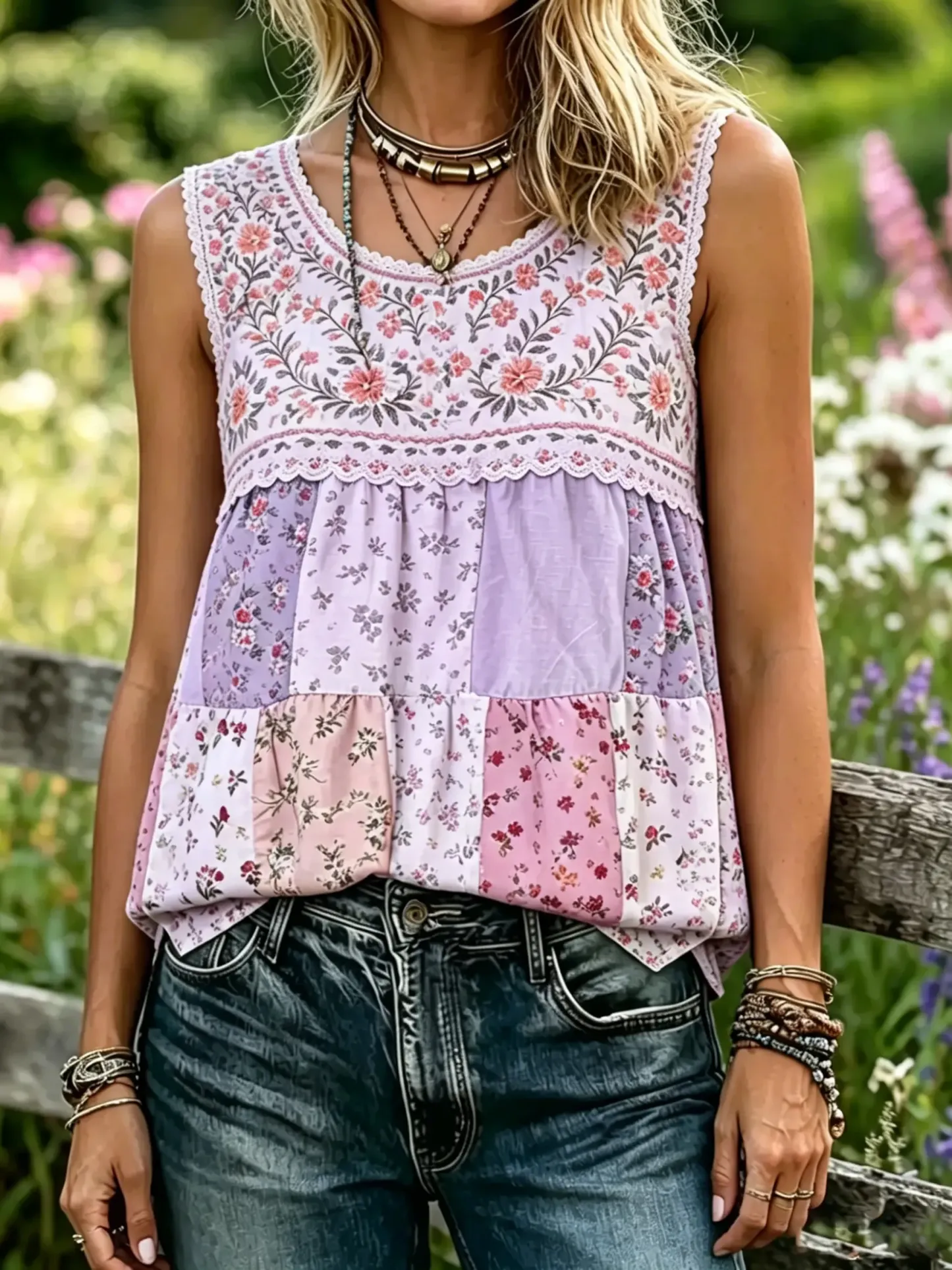 Women's Patchwork Floral Print Lace Trim Sleeveless Tank Top