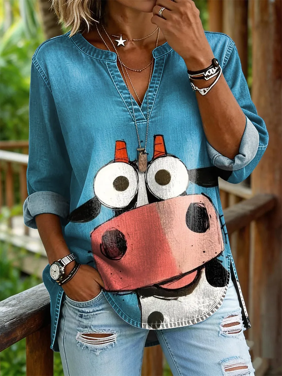Women's Retro Fun Cow Art Print Casual Long Sleeve V-neck Shirt
