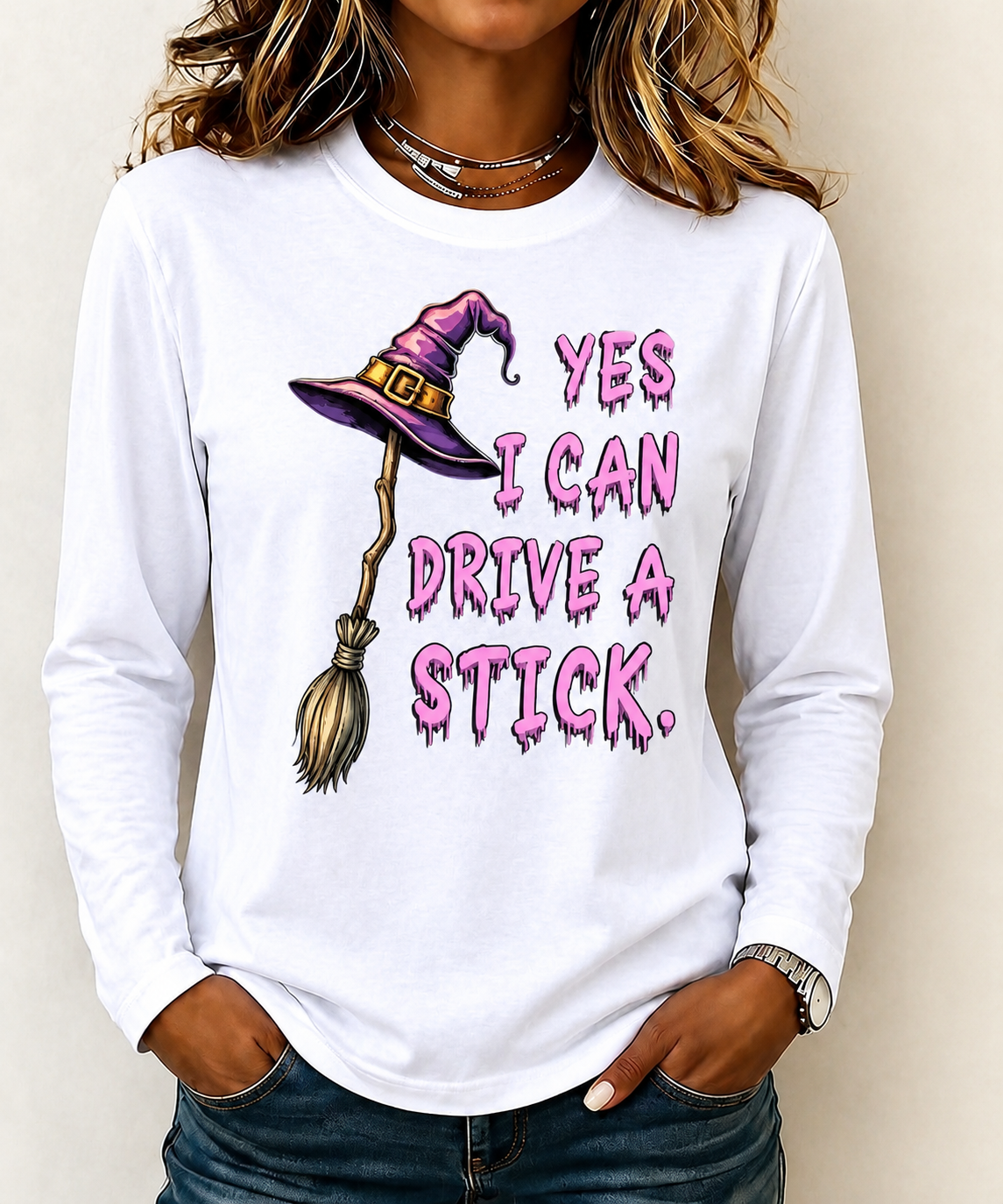 Yes, I Can Drive a Stick Funny Witch Print T-shirt