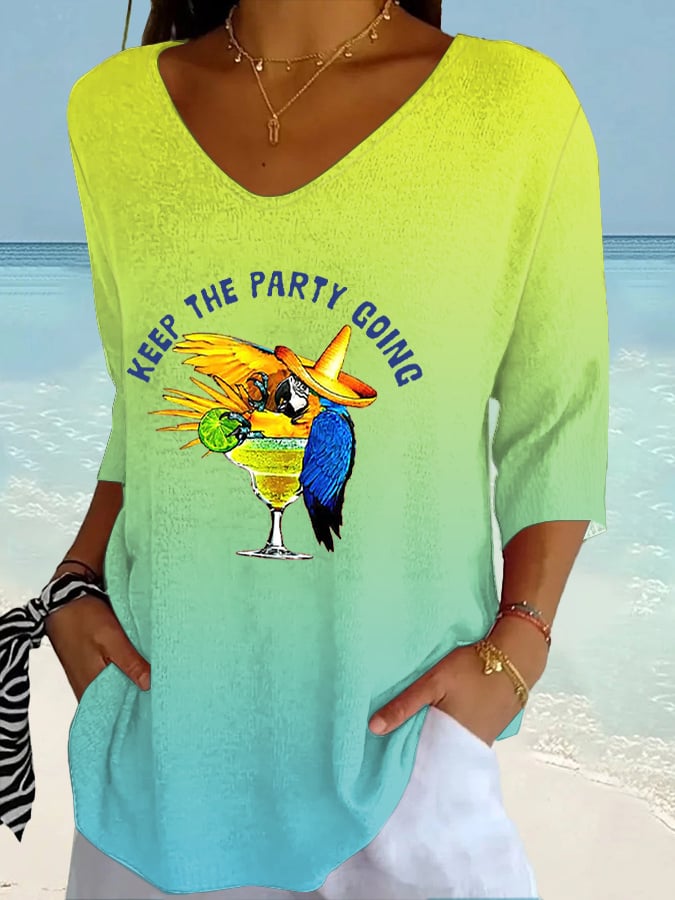 Women's Retro Muscic Lover Parrot Keep The Party Going Print Shirt