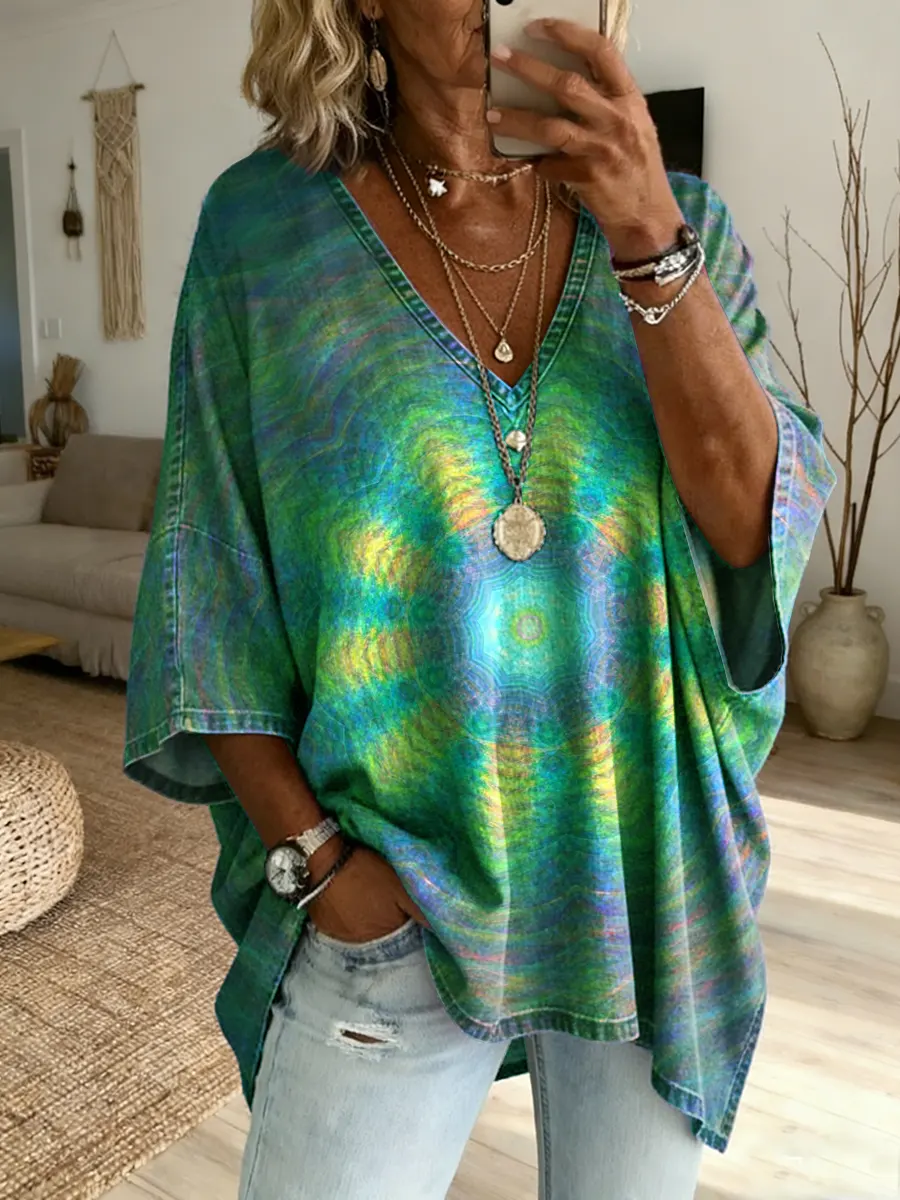 Ethnicity Kaleidoscope Purple Women's Art Print Casual Washed Cotton Denim Top