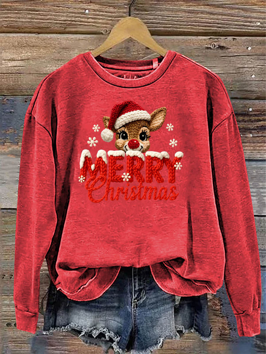 Women's Merry Christmas And Elk Knitting Crochet Pattern Neck Sweatshi