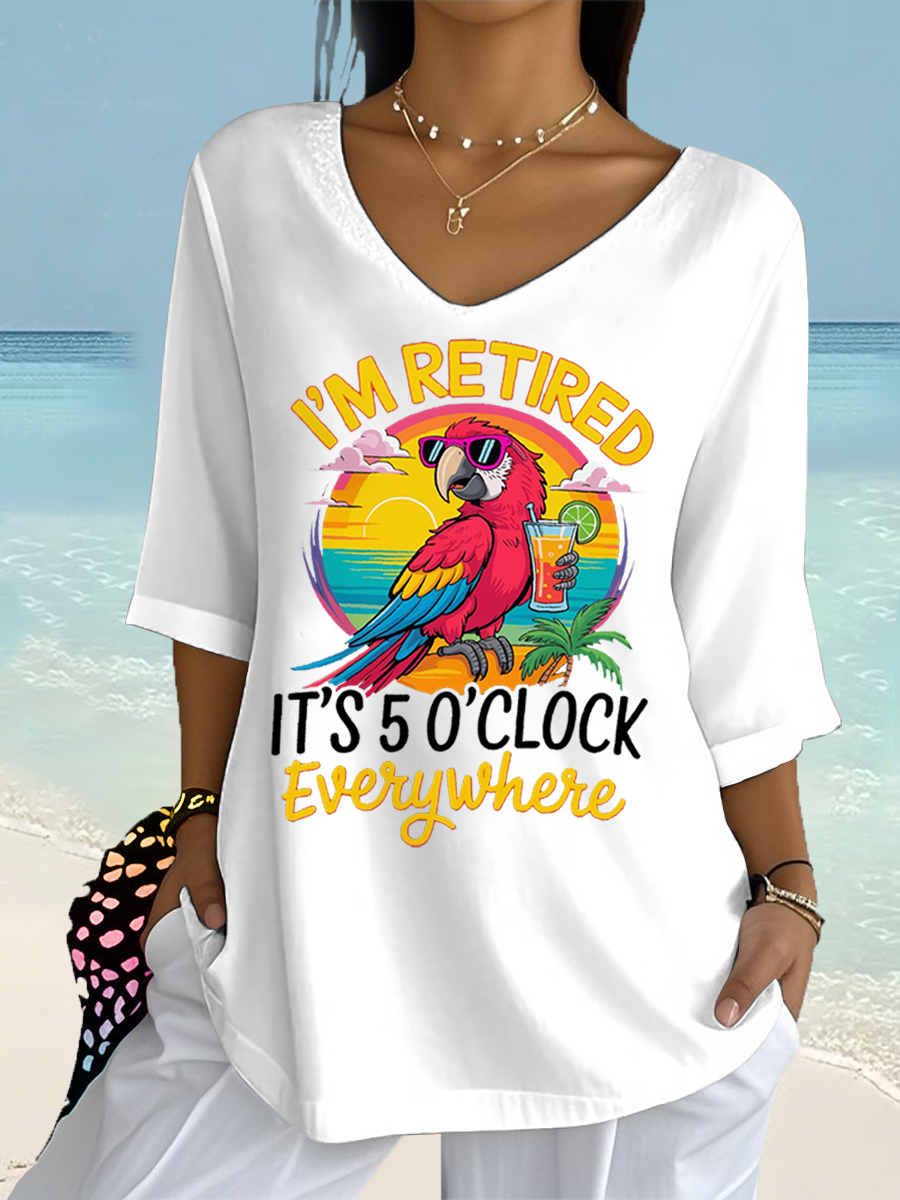 Women's I'm Retired It's 5 O'clock Everywhere Parrot Print Casual Half-Sleeve Top