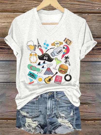 V-Neck Retro Funny Song Titles Print T-Shirt