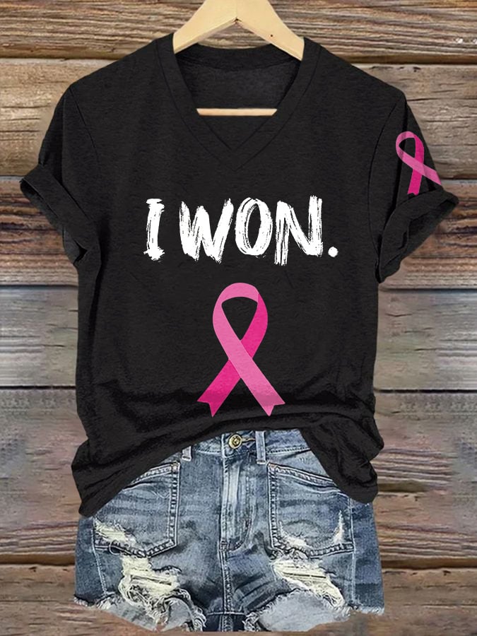 ❤️Warm Gift❤️V-neck Retro Breast Cancer Awareness Pink Ribbon I Won Print T-Shirt