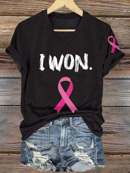 ❤️Warm Gift❤️V-neck Retro Breast Cancer Awareness Pink Ribbon I Won Print T-Shirt