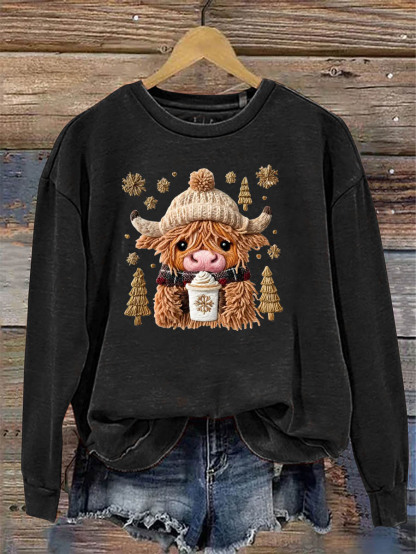Women's Christmas Cow Knitting Crochet Pattern Neck Sweatshirt