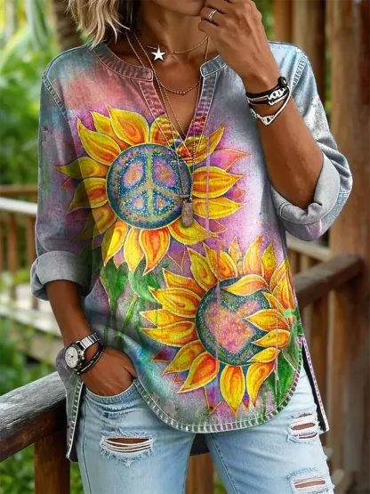 Women's Vintage-Style Hippie Floral Art Print Casual V-Neck Washed Cotton Denim Shirt