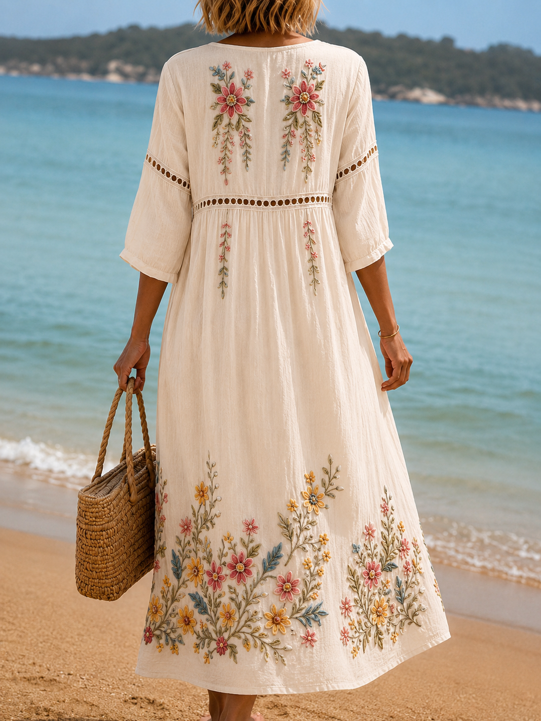 Women's Vacation Linen Boho Floral Print V-Neck Short Sleeve Maxi Dress
