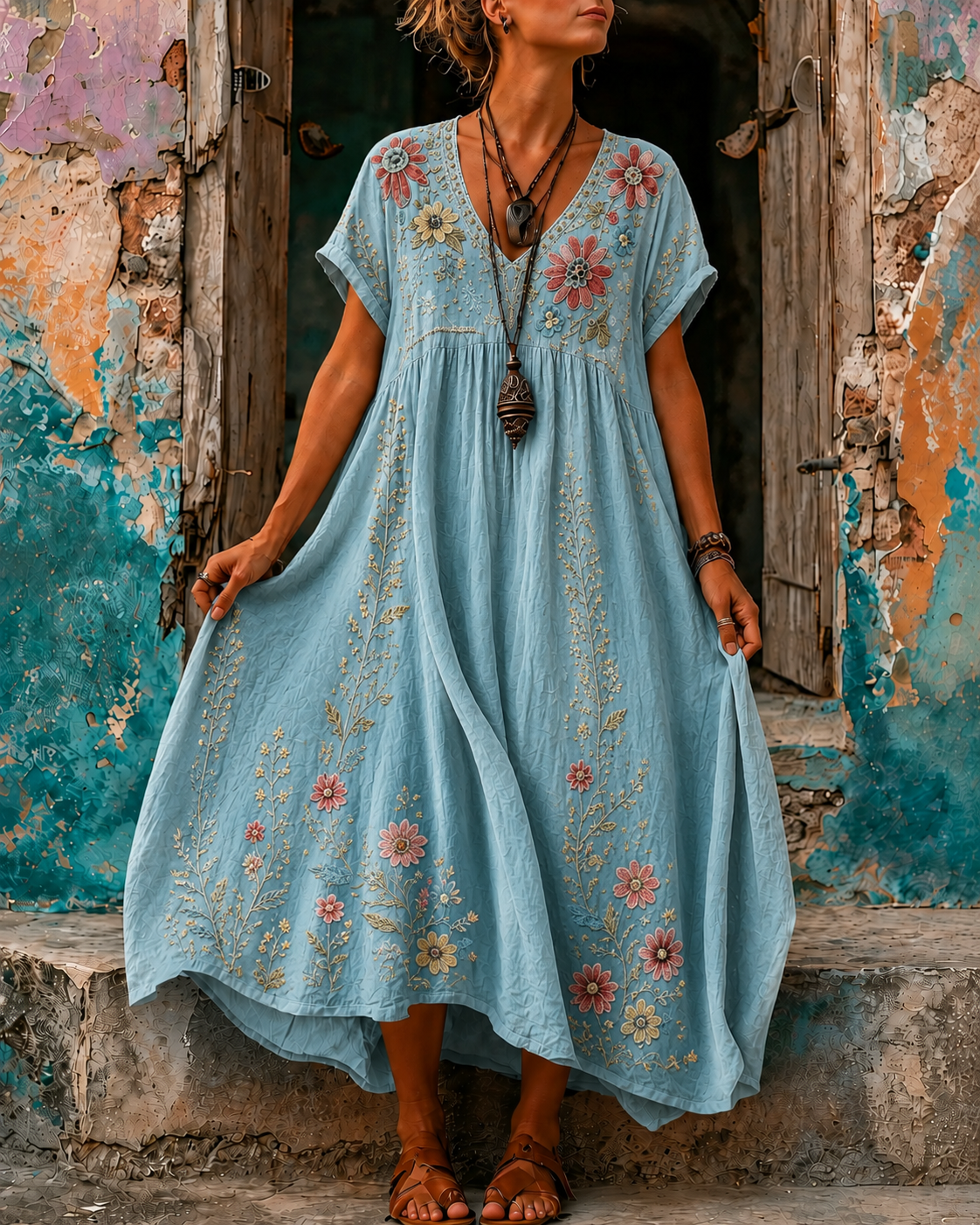 Women's Vacation Linen Boho Floral Print V-Neck Short Sleeve Maxi Dress
