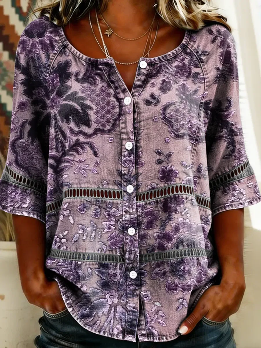 Women's Floral Print Round Neck 3/4 Sleeve Lace Cutout Shirt