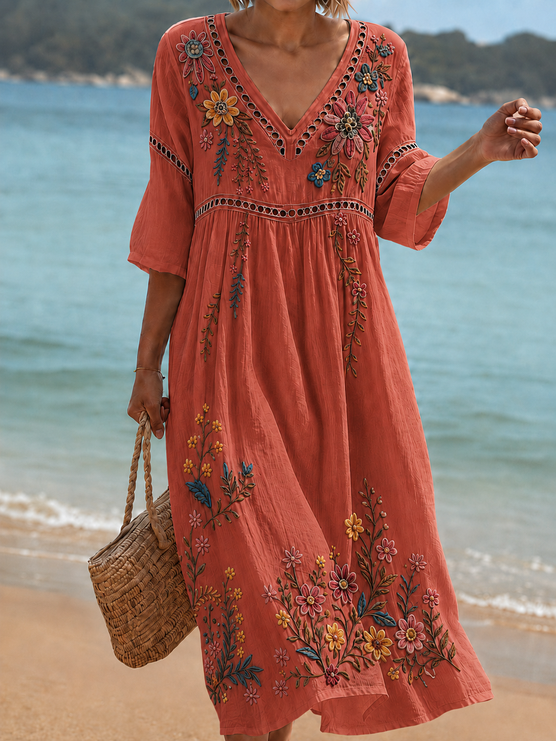 Women's Vacation Linen Boho Floral Print V-Neck Short Sleeve Maxi Dress