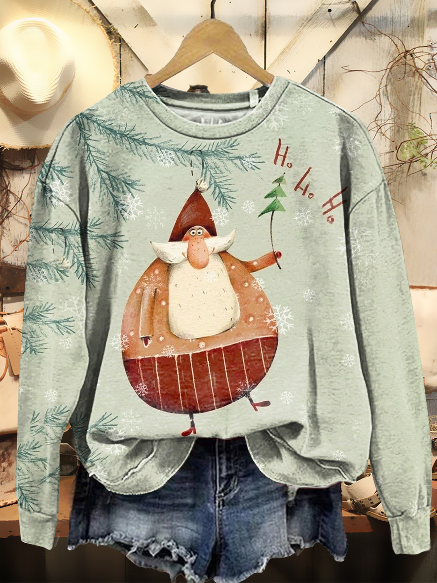 Women's Vintage Green Cute Santa Claus Art Print Casual Crewneck Pullover Sweatshirt