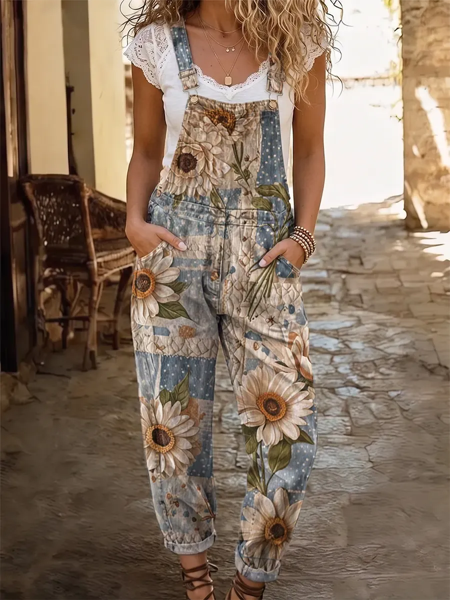 Ethnicity Bohemia Patchwork Flowers Women's Casual Washed Cotton Denim Jumpsuit