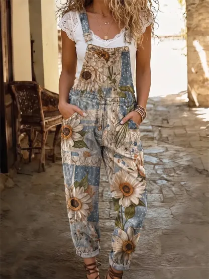 Ethnicity Bohemia Patchwork Flowers Women's Casual Washed Cotton Denim Jumpsuit