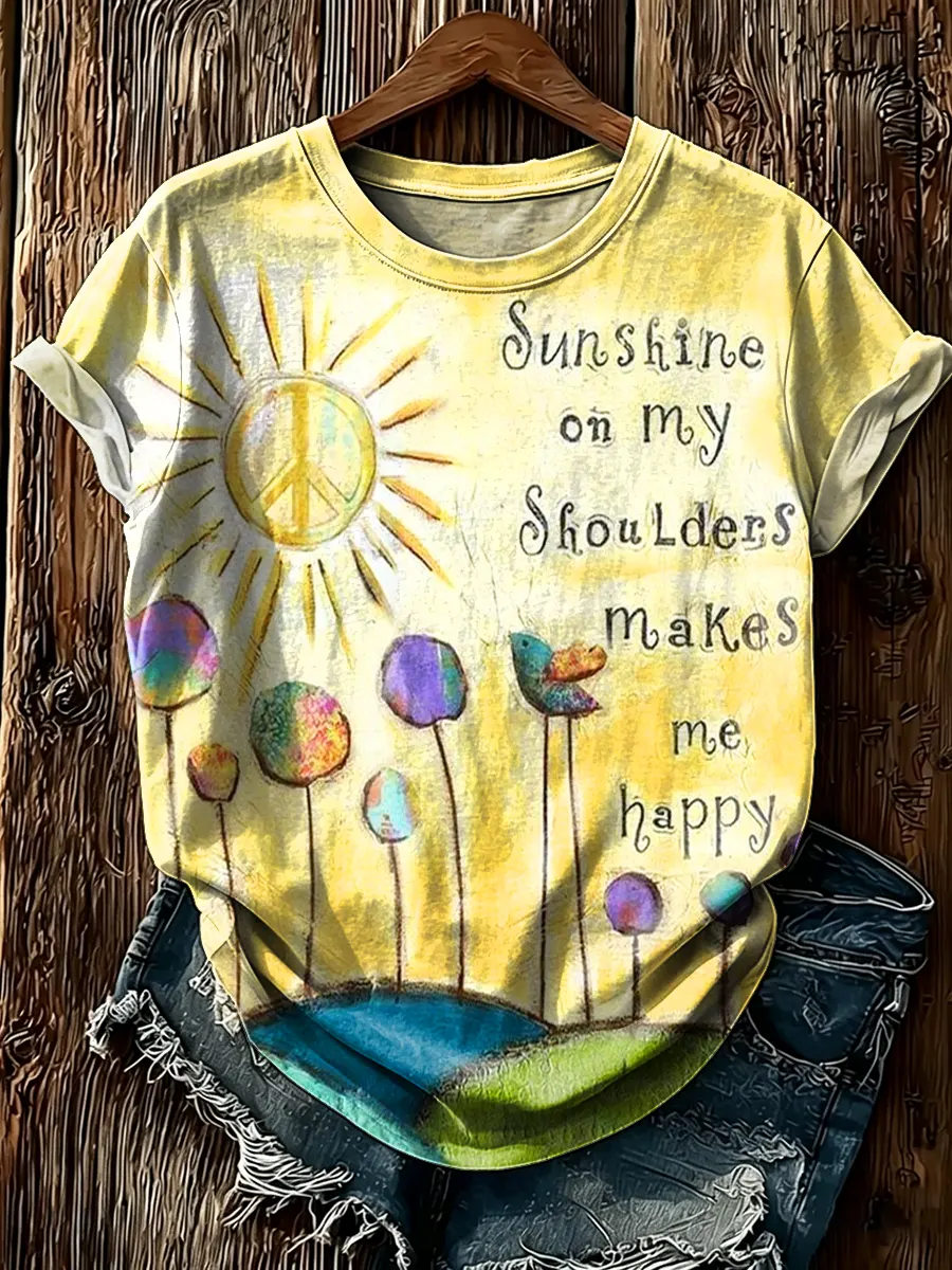 Women's Peace Sign Sunshine Print Round Neck T-Shirt