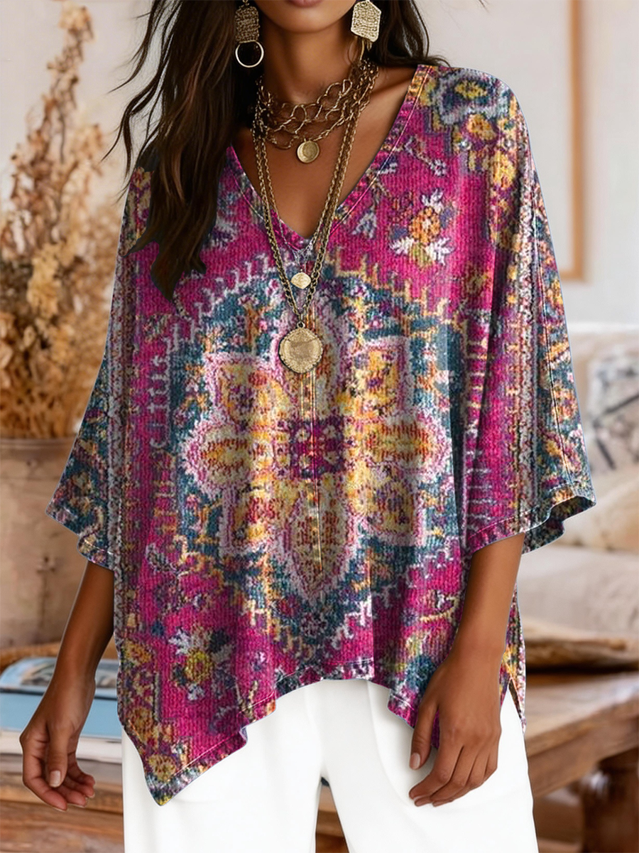 Women's Retro Ethnic Totem Art Print Casual V-neck Top