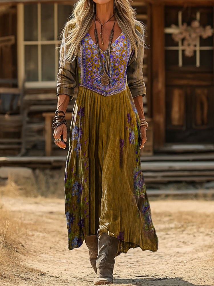 Women's Vintage Ethnic Floral Print Artistic Pocket Cotton Dress