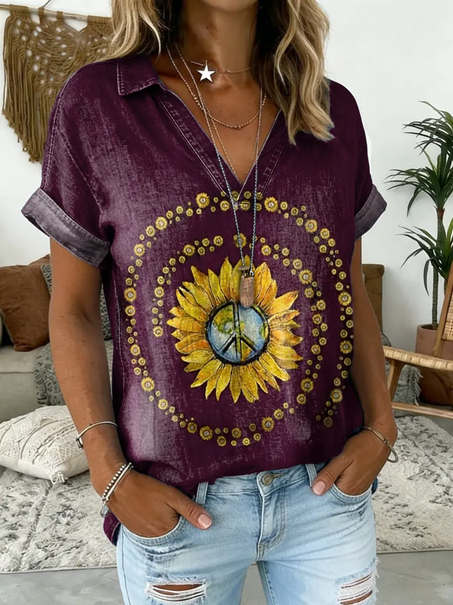 Women's Hippie Flower Sunflower Print V-Neck Short-Sleeve Denim Shirt