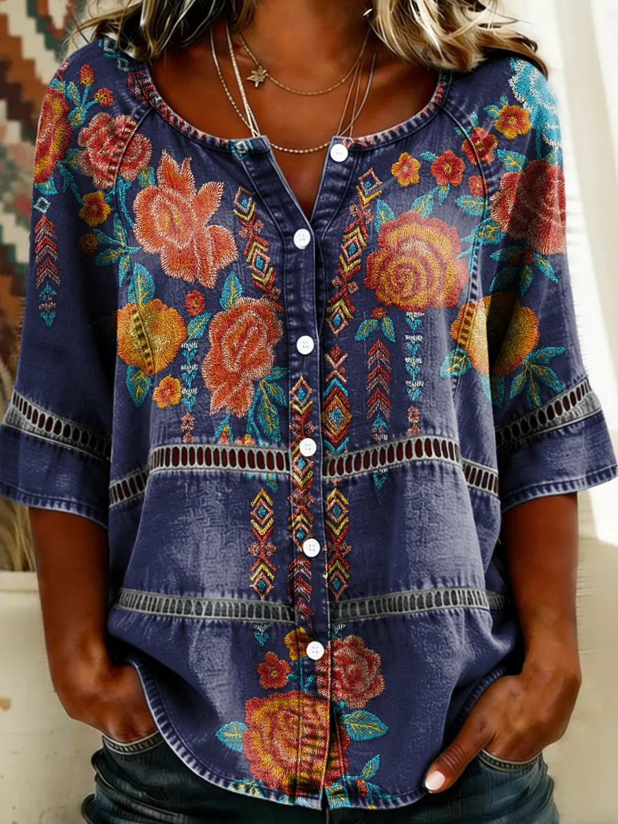 Women's Floral Print Round Neck 3/4 Sleeve Lace Cutout Shirt