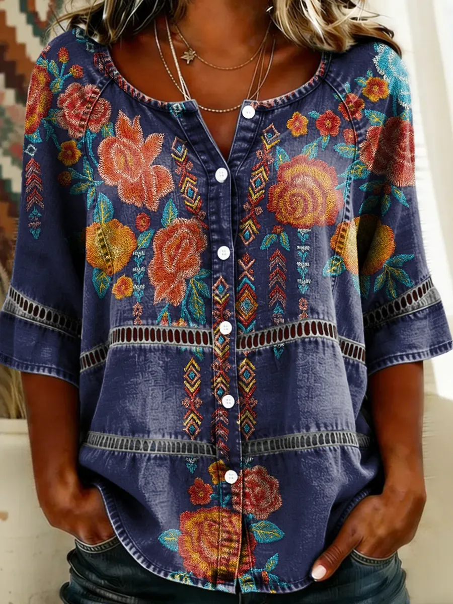 Women's Floral Print Round Neck 3/4 Sleeve Lace Cutout Shirt