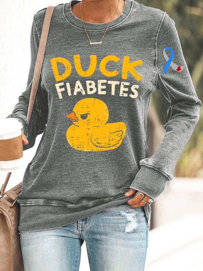 Women's Funny Diabetes Awareness I Duck Fiabetes I Cool Rubber Duck Print Long Sleeve Sweatshirt