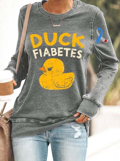 Women's Funny Diabetes Awareness I Duck Fiabetes I Cool Rubber Duck Print Long Sleeve Sweatshirt