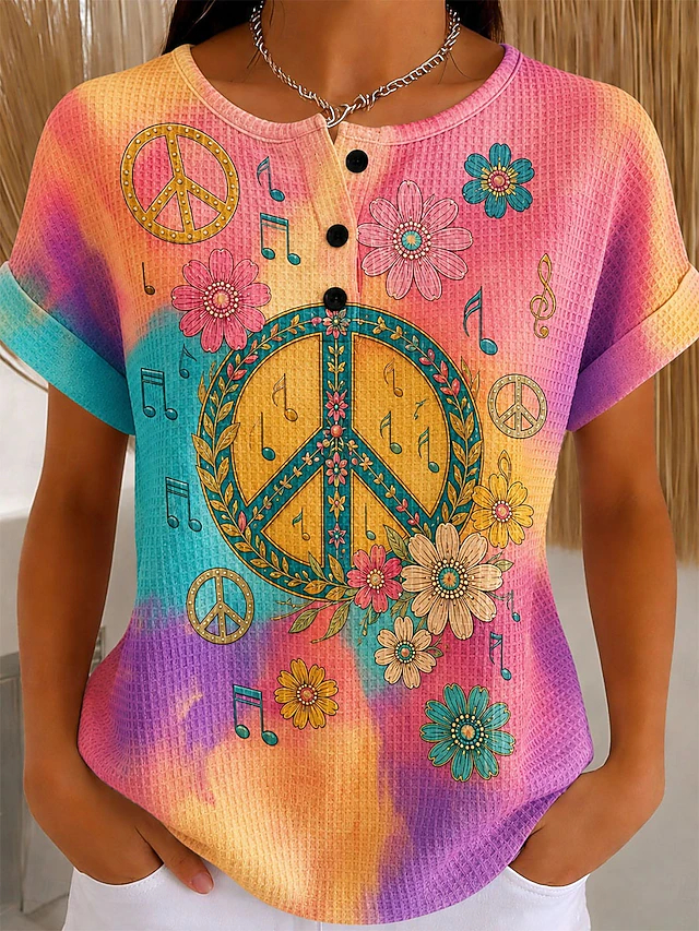 Women's Waffle T-shirt T Shirt Summer Color Block Print Graphic Geometric Tops 