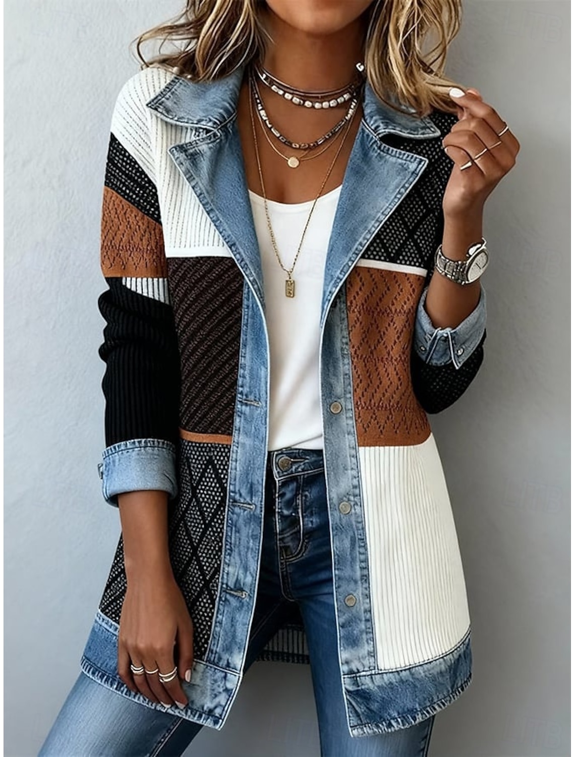  Women's Casual Jacket Denim Jacket Lightweight Color Block Casual Solid Color Casual Daily Street Long Notch Lapel Long Sleeve Outerwear