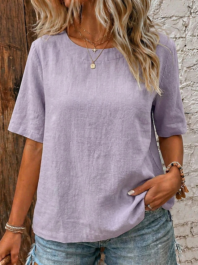Women's Linen Shirt Summer Shirt Pullover Vintage Short Sleeve Crew Neck Blouse