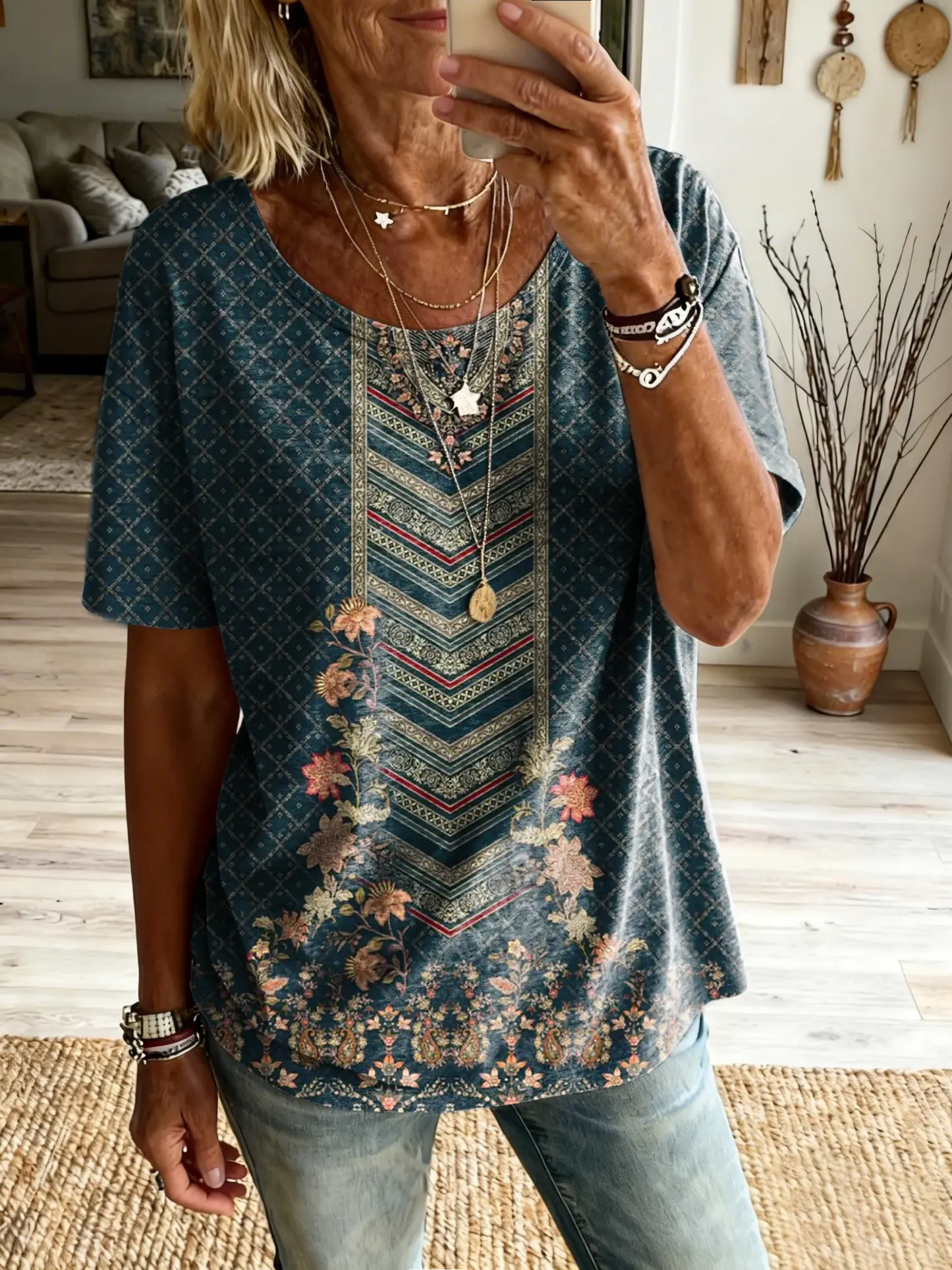 Women's Bohemian Ethnic Floral Art Print Pure Cotton Crew Neck Short-Sleeve Casual T-Shirt