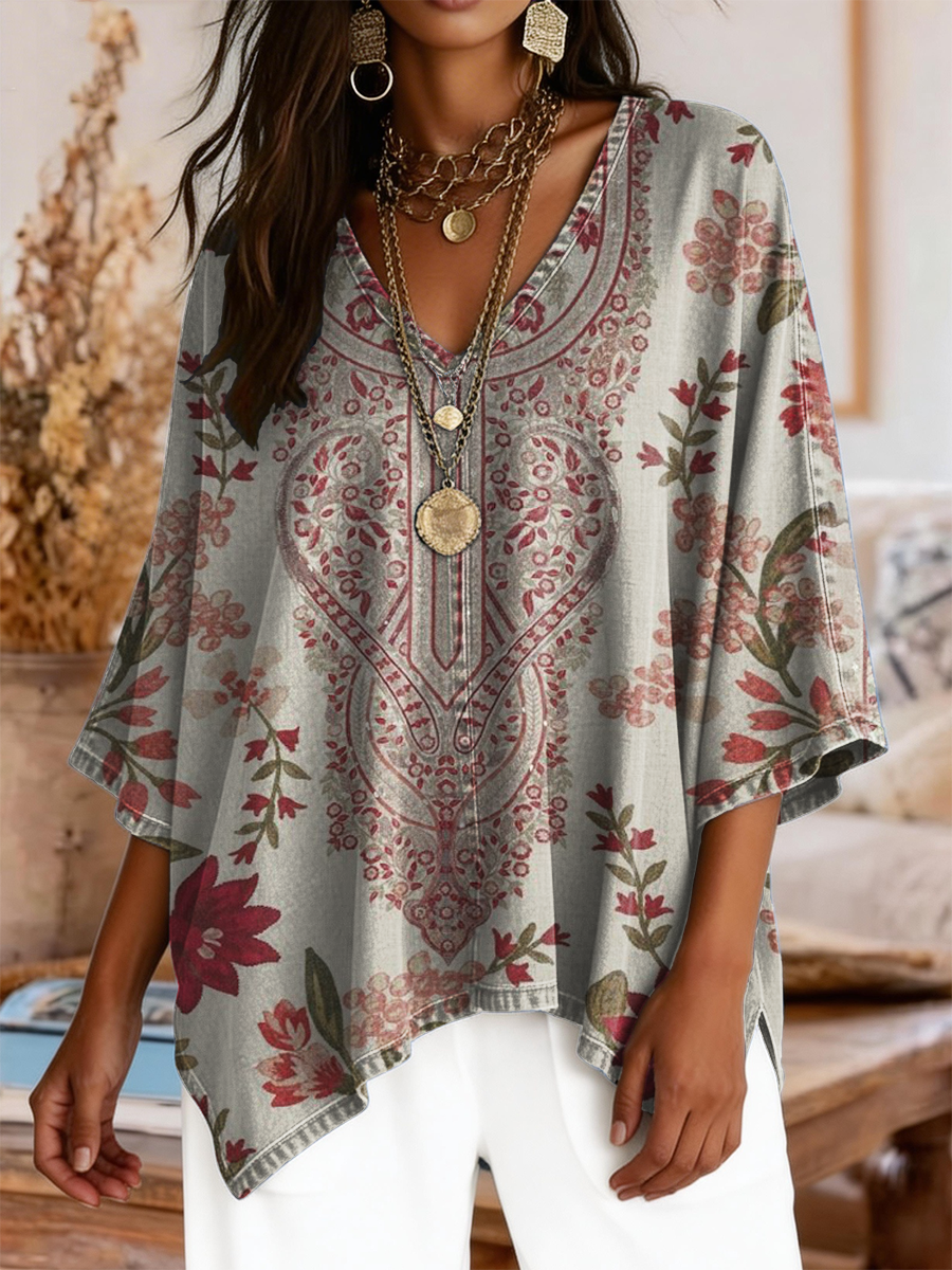 Women's Retro Bohemian Floral Art Print Casual V-neck Top