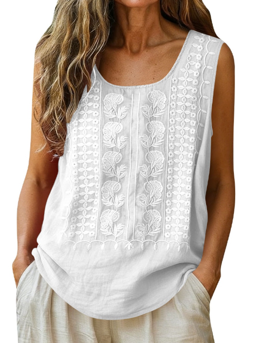 Women's Cotton and Linen Round Neck Embroidered Tank Tops