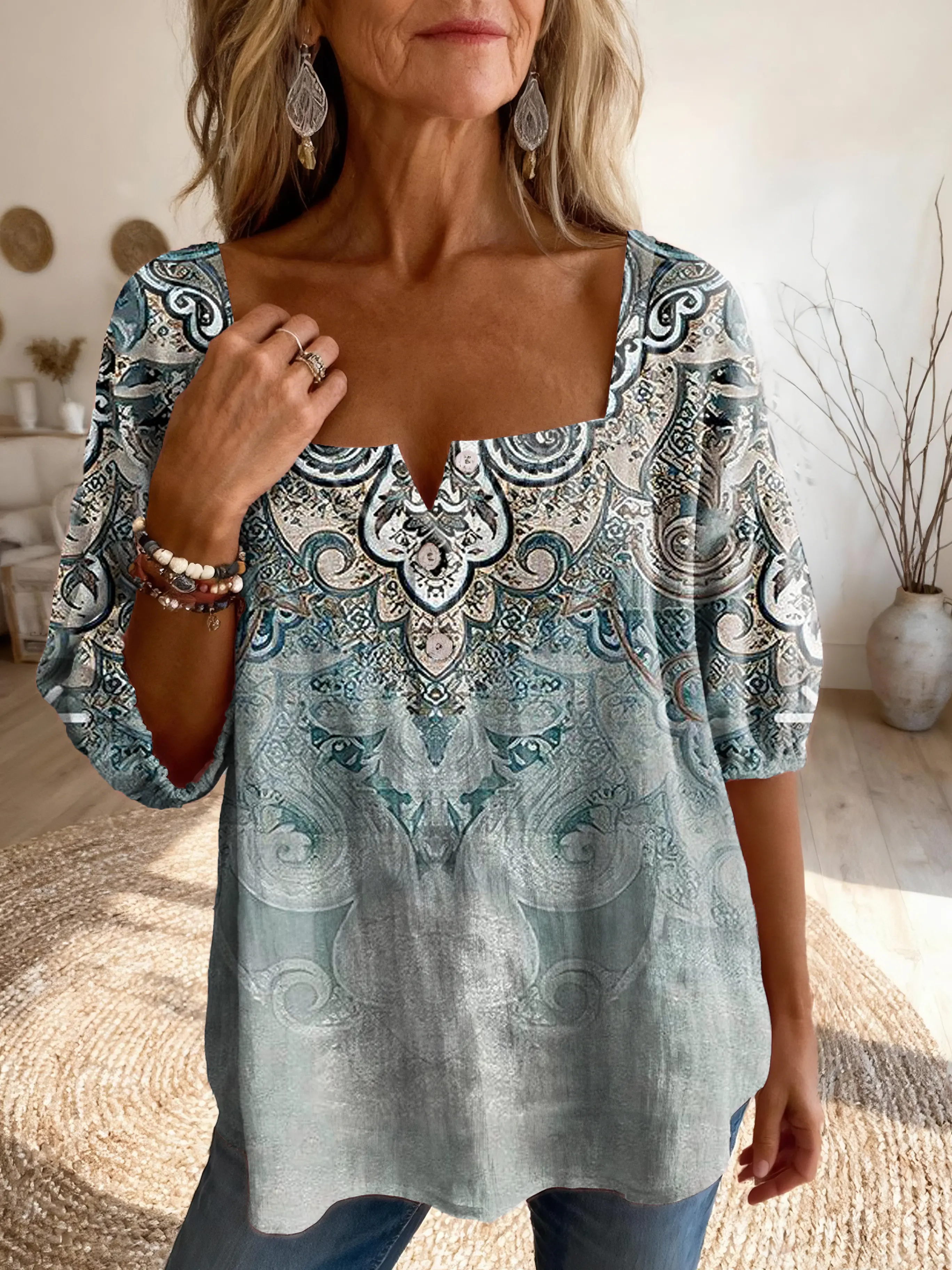 Women's Vintage Ethnic Floral Print Artistic Casual Square Neck Top