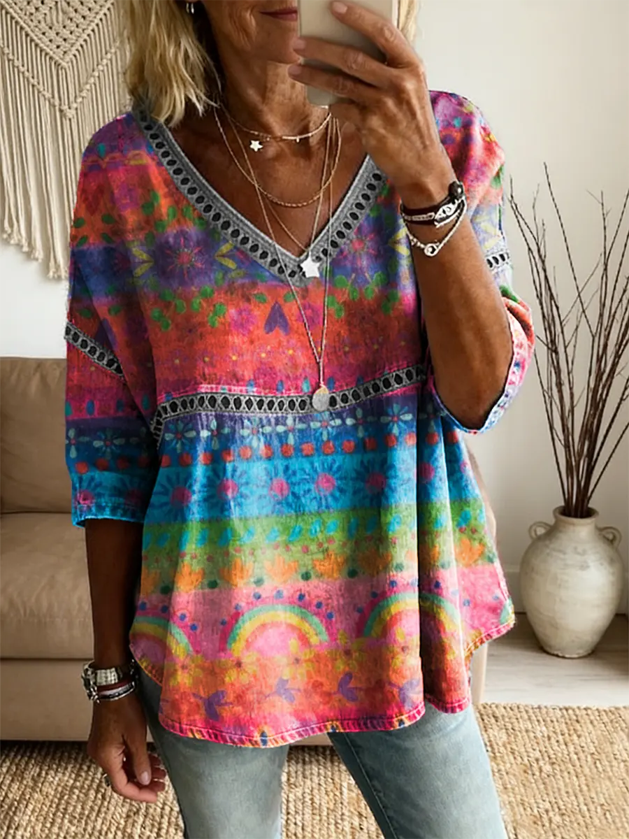 Ethnicity Colorful Stripes Flowers Women's Vintage Art Print Casual V Neck Cutout Top