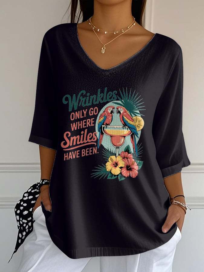 Women's Retro Wrinkles Only Go Where Smiles Have Been Print Mid Sleeve T-Shirt